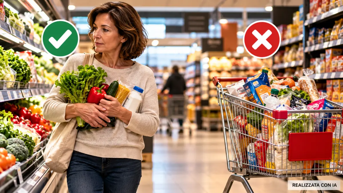 Persona che fa la spesa al supermercato senza carrello