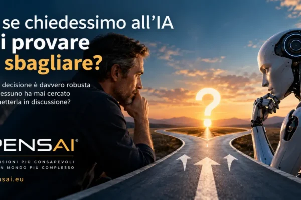 Uomo e intelligenza artificiale davanti a una strada divisa, simbolo della verifica di una decisione