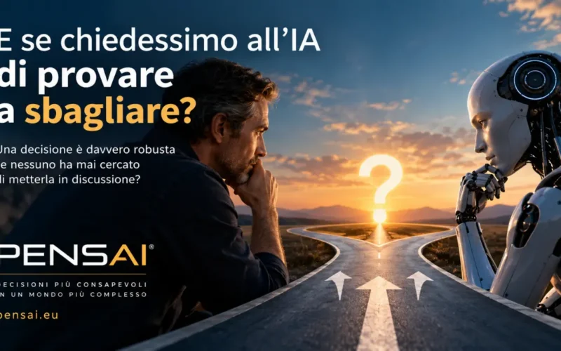 Uomo e intelligenza artificiale davanti a una strada divisa, simbolo della verifica di una decisione