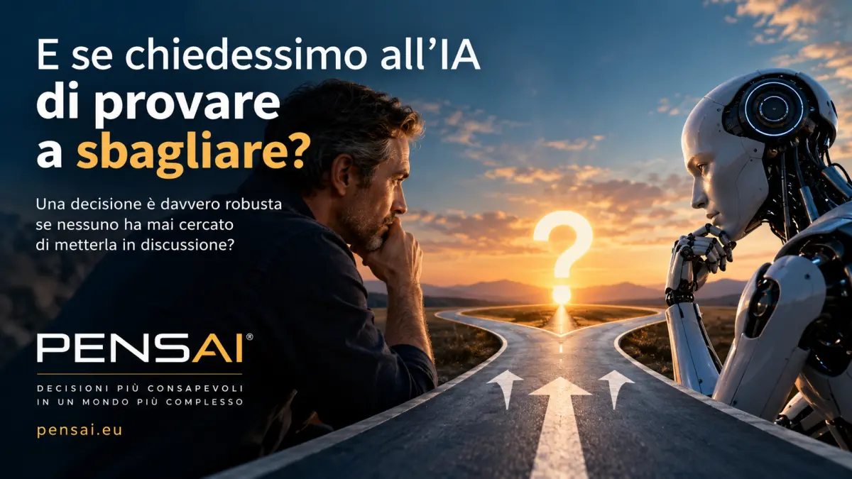 Uomo e intelligenza artificiale davanti a una strada divisa, simbolo della verifica di una decisione