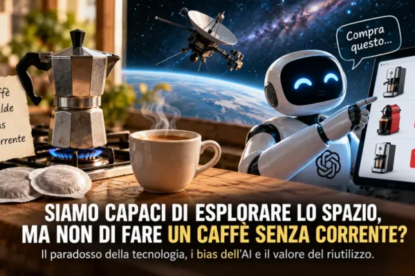 Intelligenza artificiale che suggerisce nuovi acquisti mentre una moka, le cialde di caffè e un fornello a gas rappresentano il riutilizzo e l'autonomia tecnologica.