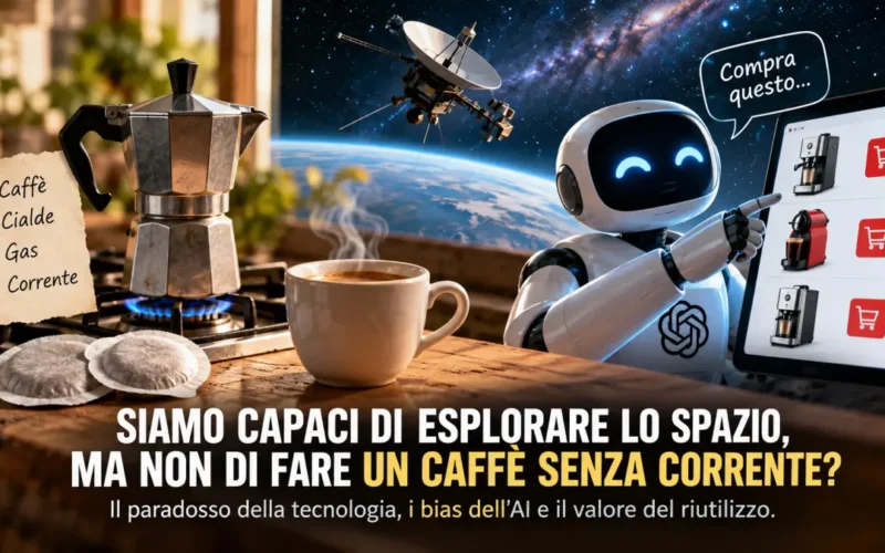 Intelligenza artificiale che suggerisce nuovi acquisti mentre una moka, le cialde di caffè e un fornello a gas rappresentano il riutilizzo e l'autonomia tecnologica.
