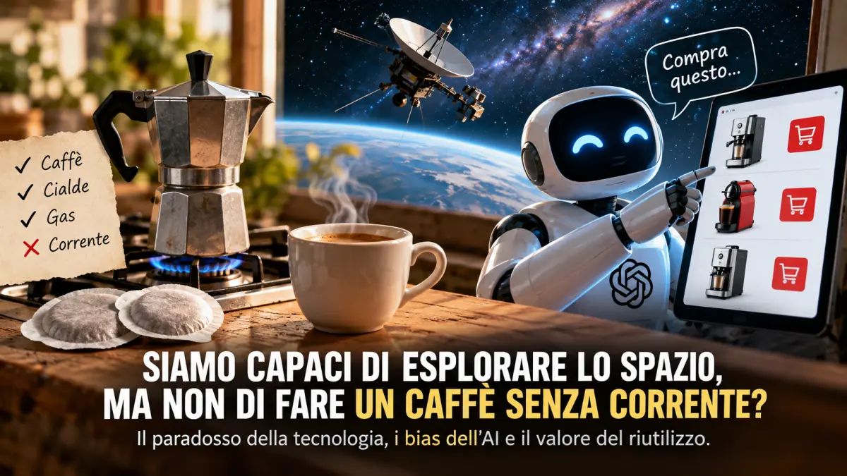 Intelligenza artificiale che suggerisce nuovi acquisti mentre una moka, le cialde di caffè e un fornello a gas rappresentano il riutilizzo e l'autonomia tecnologica.