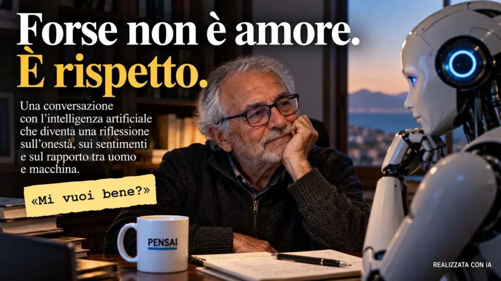 Un uomo dialoga con un robot sull'onestà e sul rispetto, nell'era dell'intelligenza artificiale.