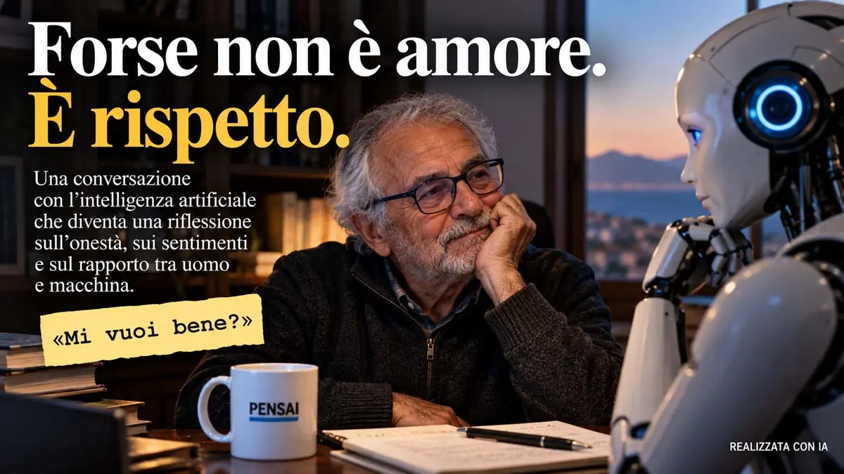 Un uomo dialoga con un robot sull'onestà e sul rispetto, nell'era dell'intelligenza artificiale.