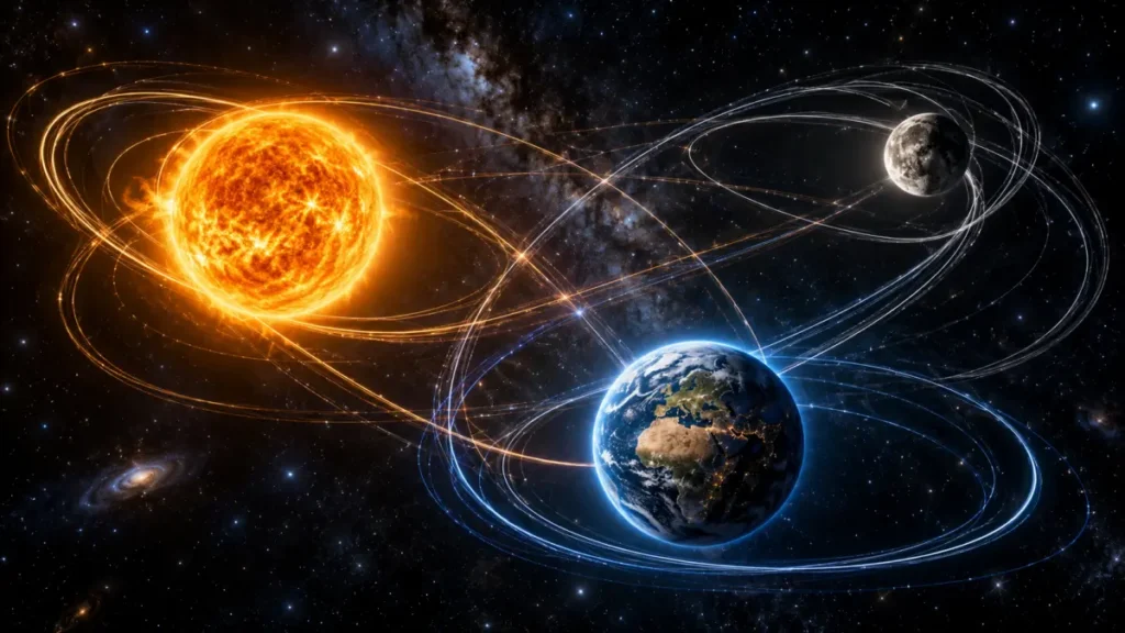 Il problema dei tre corpi: tre corpi celesti interagiscono gravitazionalmente lungo traiettorie complesse nello spazio.