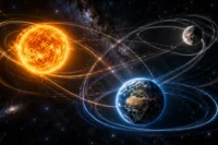 Il problema dei tre corpi: tre corpi celesti interagiscono gravitazionalmente lungo traiettorie complesse nello spazio.