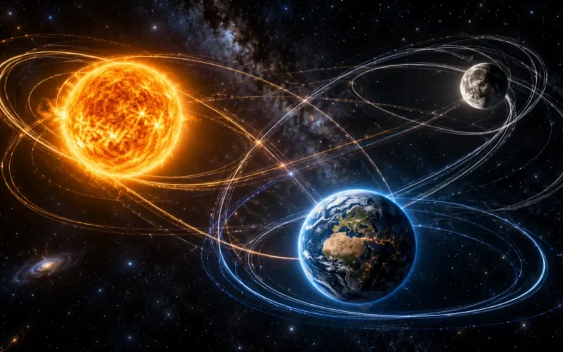 Il problema dei tre corpi: tre corpi celesti interagiscono gravitazionalmente lungo traiettorie complesse nello spazio.