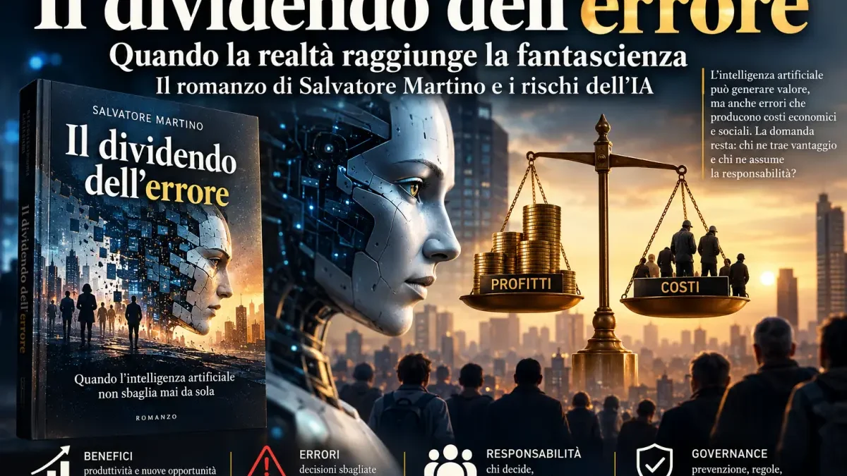 Copertina del libro Il dividendo dell’errore di Salvatore Martino, con intelligenza artificiale e bilancia tra profitti e costi sociali.