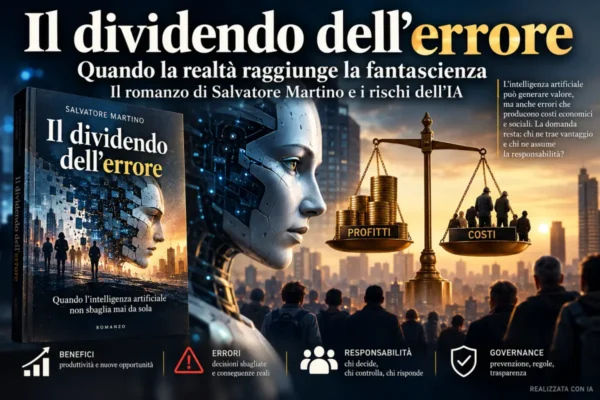Copertina del libro Il dividendo dell’errore di Salvatore Martino, con intelligenza artificiale e bilancia tra profitti e costi sociali.