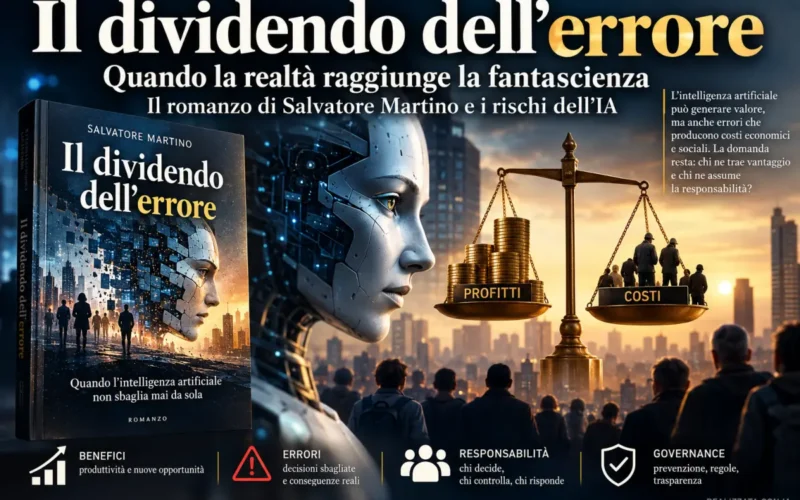 Copertina del libro Il dividendo dell’errore di Salvatore Martino, con intelligenza artificiale e bilancia tra profitti e costi sociali.