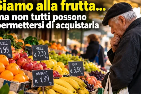 Frutta fresca su un banco del mercato con prezzi esposti, simbolo delle difficoltà di accesso al cibo.