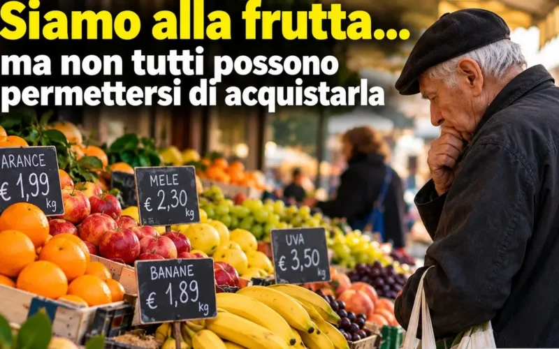 Frutta fresca su un banco del mercato con prezzi esposti, simbolo delle difficoltà di accesso al cibo.