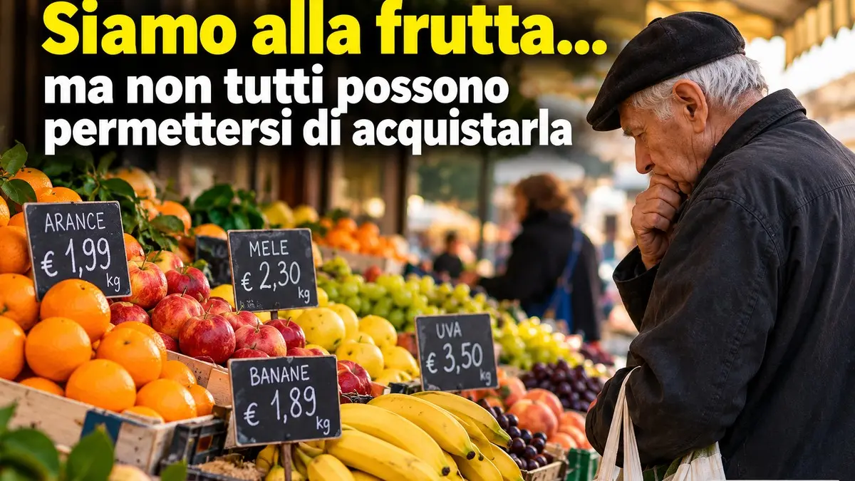 Frutta fresca su un banco del mercato con prezzi esposti, simbolo delle difficoltà di accesso al cibo.