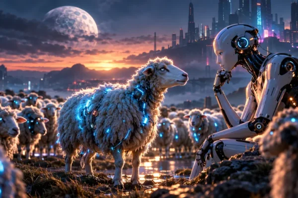 Un robot osserva una pecora elettrica davanti a un gregge, con una città futuristica sullo sfondo.
