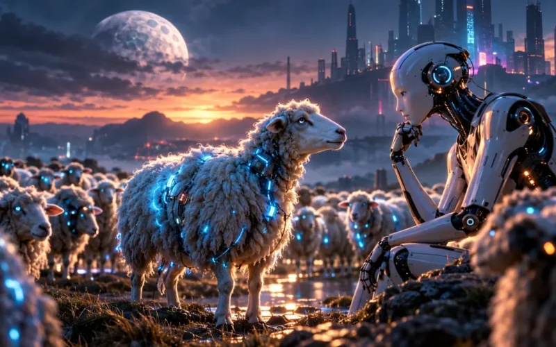 Un robot osserva una pecora elettrica davanti a un gregge, con una città futuristica sullo sfondo.