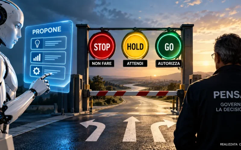 Intelligenza artificiale che propone soluzioni e PENSAI che governa le decisioni attraverso STOP, HOLD e GO.