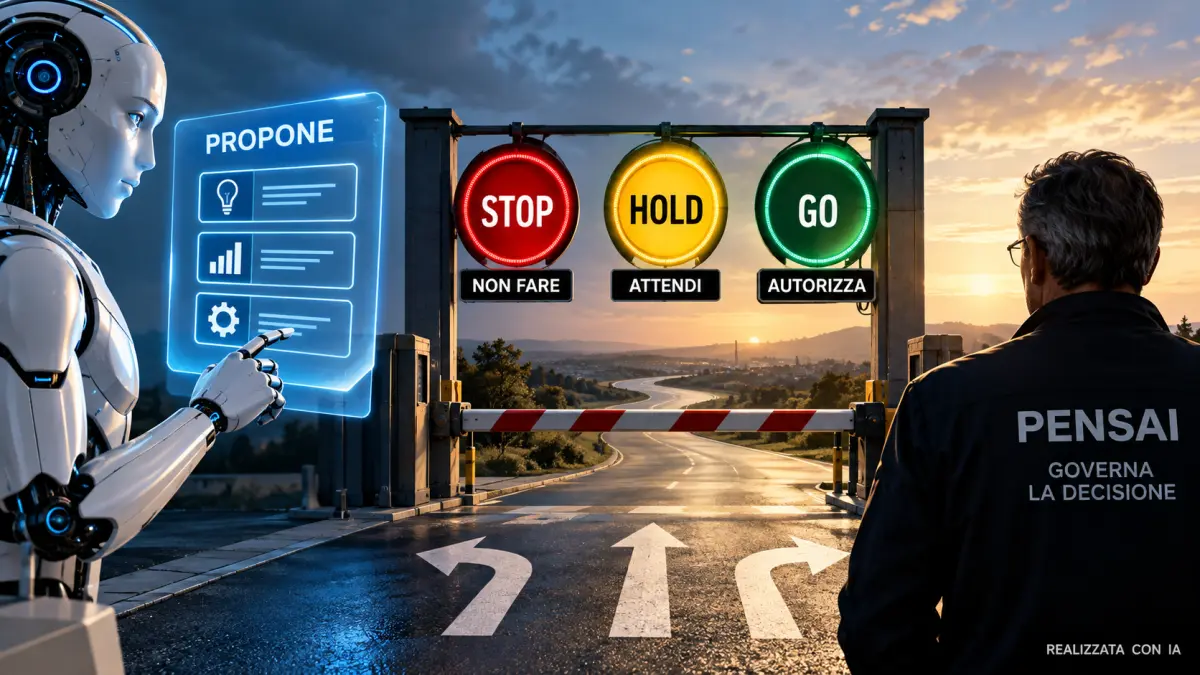 Intelligenza artificiale che propone soluzioni e PENSAI che governa le decisioni attraverso STOP, HOLD e GO.