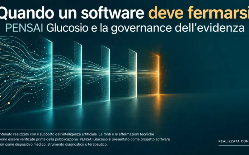 PENSAI Glucosio: un flusso di dati si ferma al varco finale, immagine astratta sulla governance dell'evidenza.