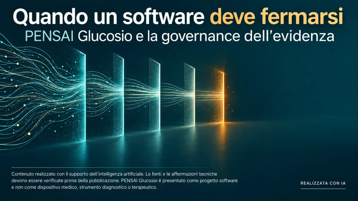 PENSAI Glucosio: un flusso di dati si ferma al varco finale, immagine astratta sulla governance dell'evidenza.