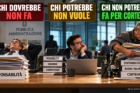 Tre lavoratori rappresentano le disfunzioni organizzative: chi dovrebbe agire non fa, chi potrebbe non vuole e chi non potrebbe interviene per cortesia. Immagine sull'inefficienza nelle amministrazioni pubbliche e nelle aziende private.