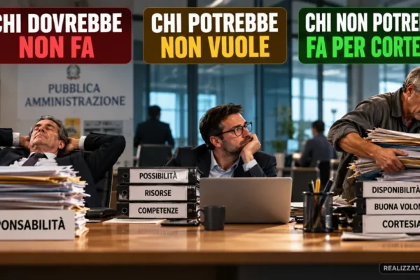 Tre lavoratori rappresentano le disfunzioni organizzative: chi dovrebbe agire non fa, chi potrebbe non vuole e chi non potrebbe interviene per cortesia. Immagine sull'inefficienza nelle amministrazioni pubbliche e nelle aziende private.
