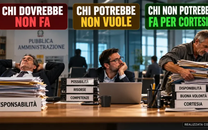 Tre lavoratori rappresentano le disfunzioni organizzative: chi dovrebbe agire non fa, chi potrebbe non vuole e chi non potrebbe interviene per cortesia. Immagine sull'inefficienza nelle amministrazioni pubbliche e nelle aziende private.