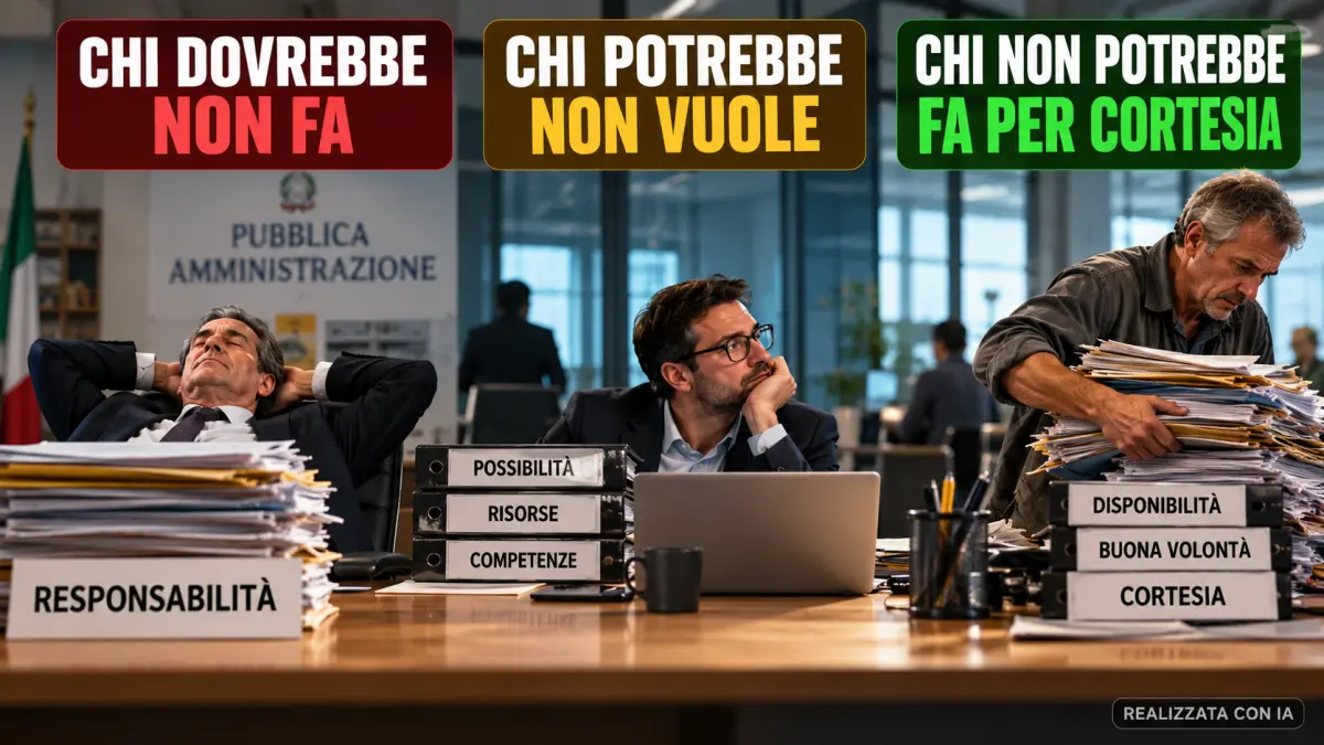 Tre lavoratori rappresentano le disfunzioni organizzative: chi dovrebbe agire non fa, chi potrebbe non vuole e chi non potrebbe interviene per cortesia. Immagine sull'inefficienza nelle amministrazioni pubbliche e nelle aziende private.