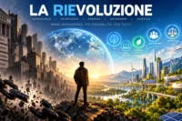 Illustrazione concettuale della rievoluzione tecnologica tra intelligenza artificiale, energia e autonomia umana — REALIZZATA CON IA
