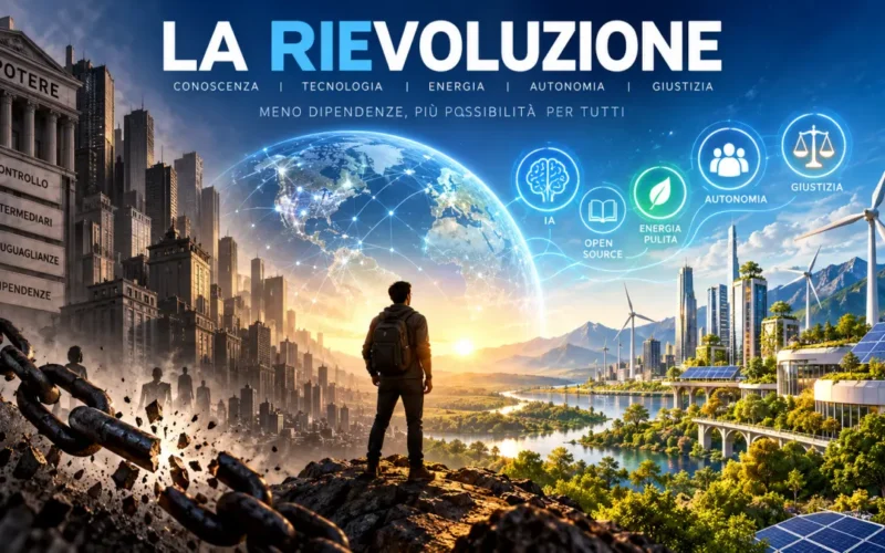 Illustrazione concettuale della rievoluzione tecnologica tra intelligenza artificiale, energia e autonomia umana — REALIZZATA CON IA