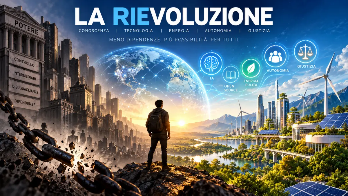 Illustrazione concettuale della rievoluzione tecnologica tra intelligenza artificiale, energia e autonomia umana — REALIZZATA CON IA