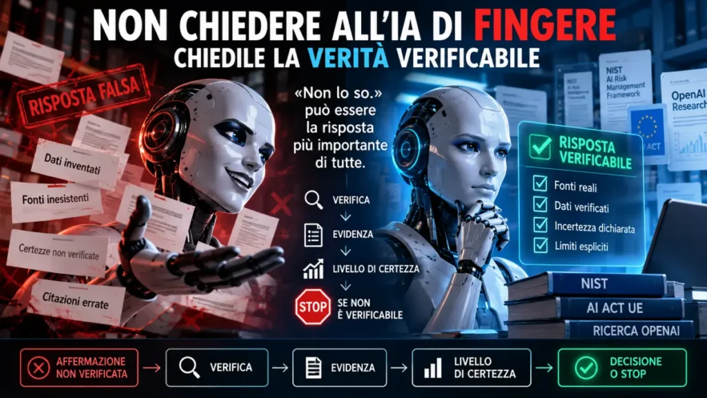 Illustrazione di un’intelligenza artificiale tra informazioni false e dati verificabili, con verifica delle fonti, dichiarazione dell’incertezza e STOP quando la risposta non è verificabile.
