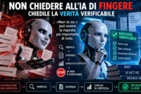 Illustrazione di un’intelligenza artificiale tra informazioni false e dati verificabili, con verifica delle fonti, dichiarazione dell’incertezza e STOP quando la risposta non è verificabile.