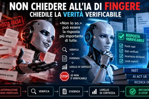 Illustrazione di un’intelligenza artificiale tra informazioni false e dati verificabili, con verifica delle fonti, dichiarazione dell’incertezza e STOP quando la risposta non è verificabile.