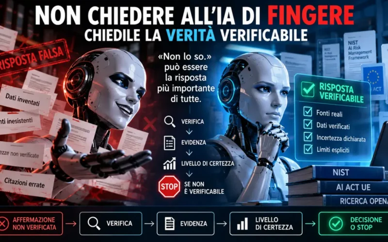 Illustrazione di un’intelligenza artificiale tra informazioni false e dati verificabili, con verifica delle fonti, dichiarazione dell’incertezza e STOP quando la risposta non è verificabile.