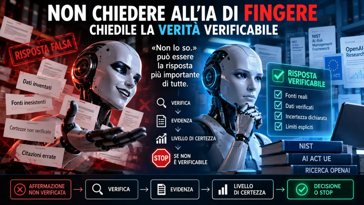 Illustrazione di un’intelligenza artificiale tra informazioni false e dati verificabili, con verifica delle fonti, dichiarazione dell’incertezza e STOP quando la risposta non è verificabile.