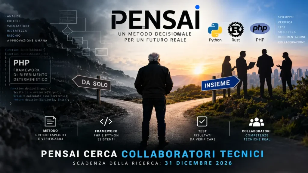 PENSAI cerca collaboratori tecnici per sviluppare un framework decisionale deterministico in Python, PHP e Rust, con verifica del codice, test e documentazione. Scadenza: 31 dicembre 2026.