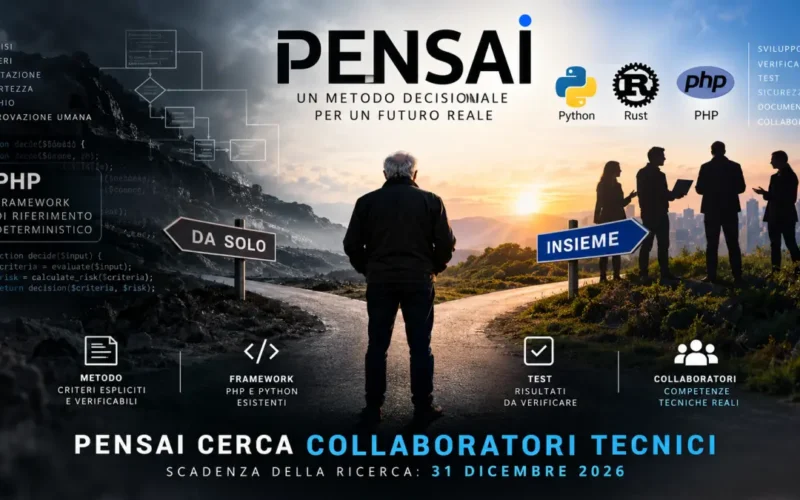 PENSAI cerca collaboratori tecnici per sviluppare un framework decisionale deterministico in Python, PHP e Rust, con verifica del codice, test e documentazione. Scadenza: 31 dicembre 2026.