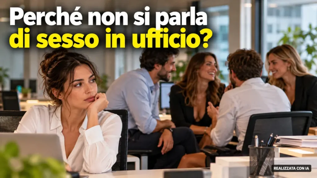 Colleghi conversano in un ufficio mentre una donna riflette sul tabù della sessualità sul lavoro.