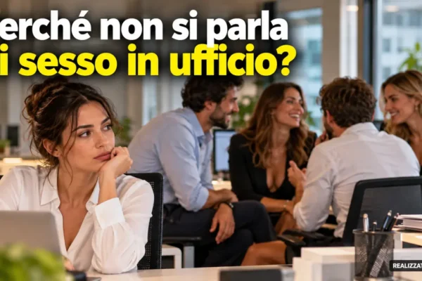 Colleghi conversano in un ufficio mentre una donna riflette sul tabù della sessualità sul lavoro.