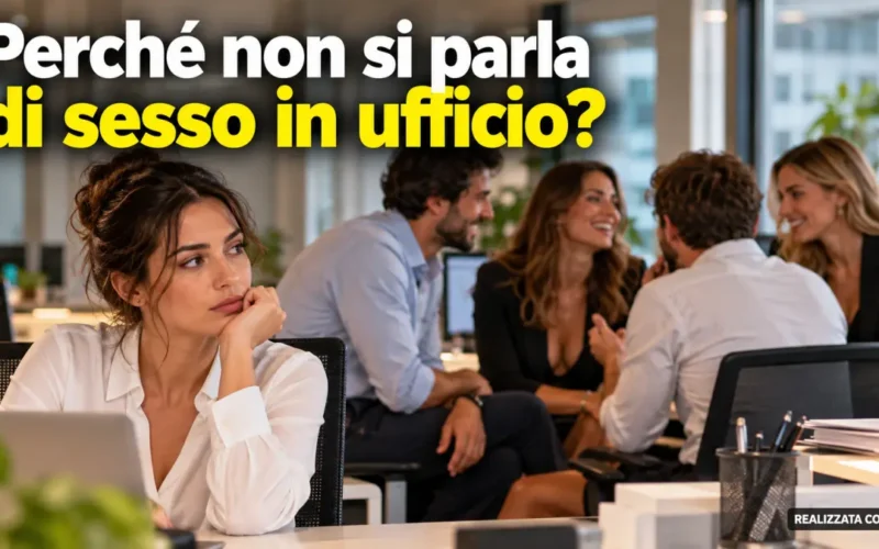 Colleghi conversano in un ufficio mentre una donna riflette sul tabù della sessualità sul lavoro.
