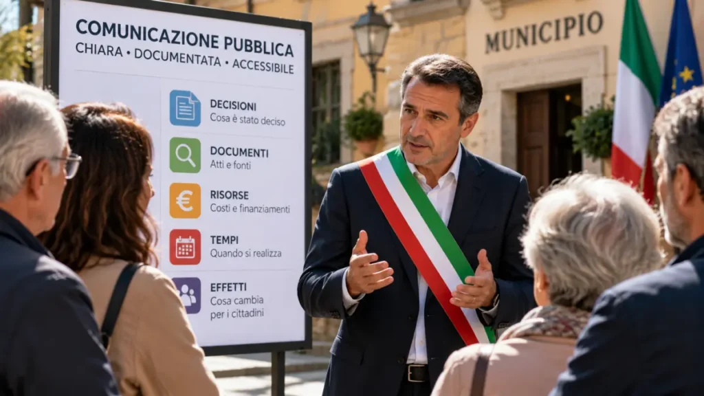 immagine: Sindaco con fascia tricolore illustra ai cittadini i principi della comunicazione pubblica chiara e documentata.