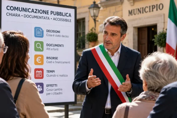 immagine: Sindaco con fascia tricolore illustra ai cittadini i principi della comunicazione pubblica chiara e documentata.