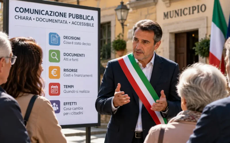 immagine: Sindaco con fascia tricolore illustra ai cittadini i principi della comunicazione pubblica chiara e documentata.